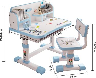 Дитячий письмовий стіл і набір стільців Somerway з регульованим по висоті мультяшним візерунком, дошка для письма, книжкова полиця (A01blue)
