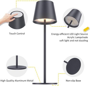 LED-лампа K-Bright: 4 шт., диммер, акумулятор, бездротова, 36.5 см, перезаряджувана, 2700K, тепле світло, USB-C, IP54, пісочний (антрацит)