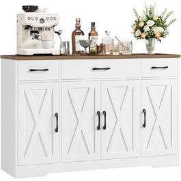 Сервант HOCSOK 140 см: кухонна шафа з 2 регульованими полицями, буфет з 3 висувними ящиками та 4 дверцятами, для вітальні, кухні, передпокою, білий & коричневий