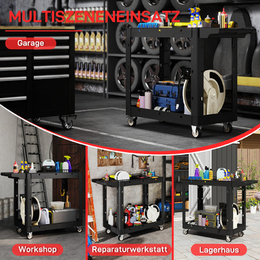 Набір інструментів на коліщатках з двома ящиками, ручка, колеса, пластик, чорний