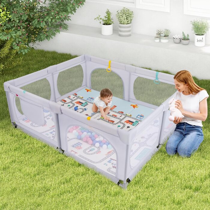 Дитячий манеж COSTWAY Laufstall з матрацом 189 x 158 см, з 50 м'ячиками та 4 ручками. Манеж-ігровий центр з дихаючим мережем для малюків (Світло-сірий)