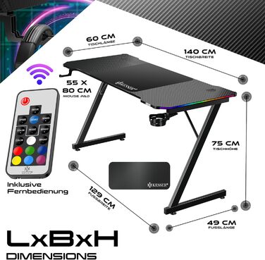 Ігровий стіл KESSER® LED 140x60 см | З-подібний стіл для геймерів | Кріплення для навушників & вуглецеве покриття | Ергономічний стіл для ПК | Стабільний стіл з підстаканником, чорний, 140 x 60 см, карбон з LED підсвіткою