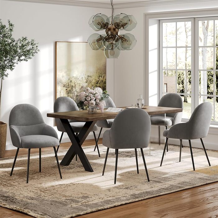 Набір обідніх стільців з підлокітниками - 6 шт. Ергономічні м'які стільці з металевим каркасом та льоновим покриттям, для кухні, вітальні, обідньої кімнати, бежеві