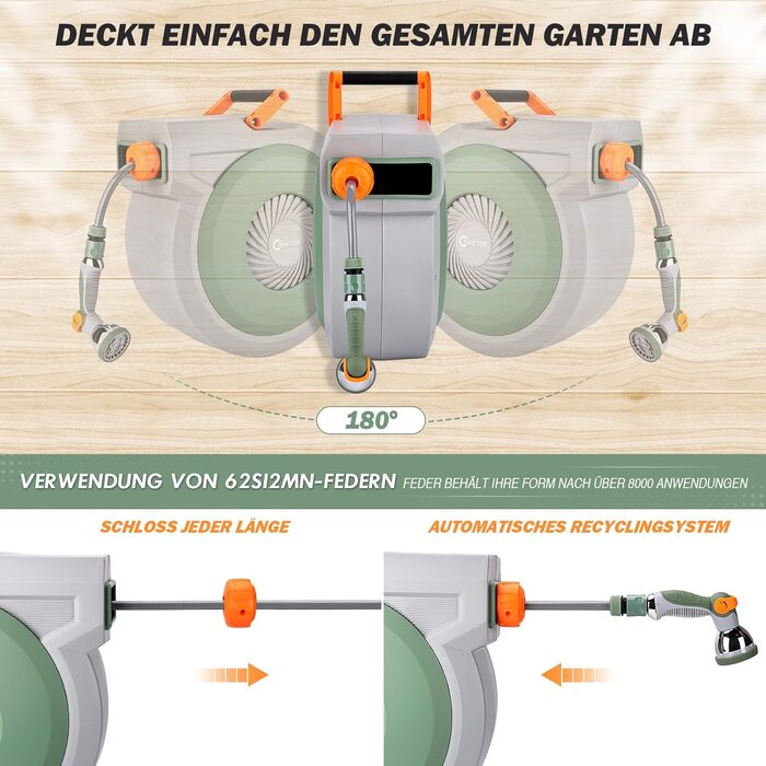 Висувна касета для шланга на стіну, шланг +2м, садовий шланг з пістолетом для поливу, система повільного відмотування, фіксація шланга на будь-якій довжині, поворотна кріплення 180°, (38M)