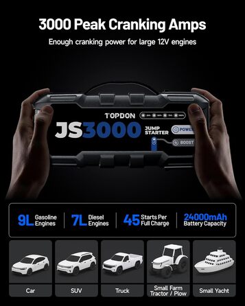 TOPDON JS3000 Powerbank-пускозарядний пристрій для авто, 24000mAh, 3000A, сумісний з бензиновими (9L) та дизельними (7L) двигунами, вбудований LED, EVA-сумка