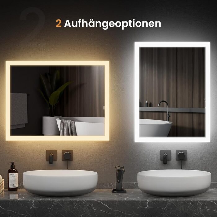 Дзеркало для ванної кімнати EMKE з підсвічуванням 120x60 см, антизапар, кнопка, тепле/холодне світло, IP44, енергозберігаюче