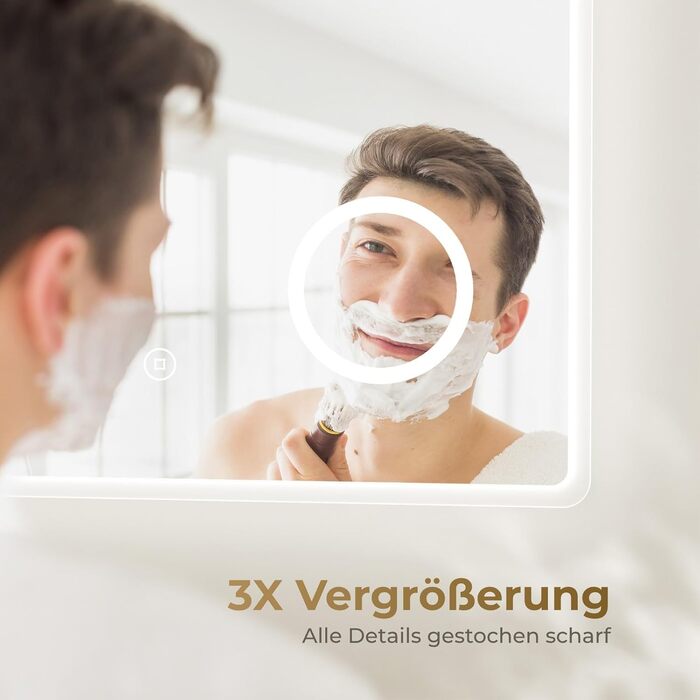 Дзеркало для ванної кімнати з підсвічуванням LED 80x60 см, регульоване, 3 колірні температури (3000K/4000K/6500K), антизапарник, вертикальна/горизонтальна установка, з 3x збільшенням