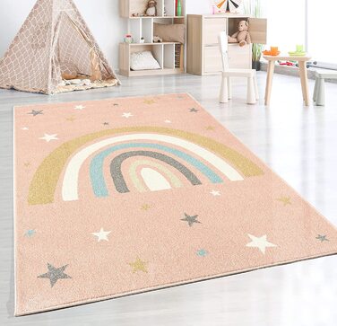 Сучасний дитячий килим з м'яким ворсом, що не вимагає особливого догляду, стійкий до фарбування, з райдужним малюнком (200 х 280 см, рожевий)