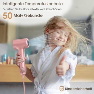 Професійний фен для волосся з дифузором та плазмою (400 млн іонів), безщітковий мотор 110 000 об/хв, низький рівень шуму 57дБ, Rose Gold