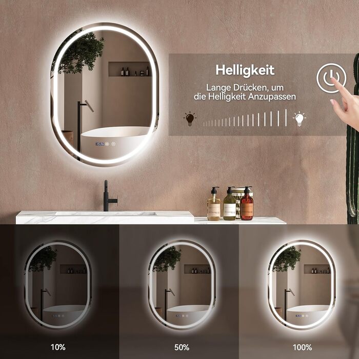 Дзеркало для ванної кімнати YOURLITE з підсвічуванням, кругле, 60 см, LED, 3 кольори, диммування, сенсорне управління, антизапар, пам'ять, IP44, овальне