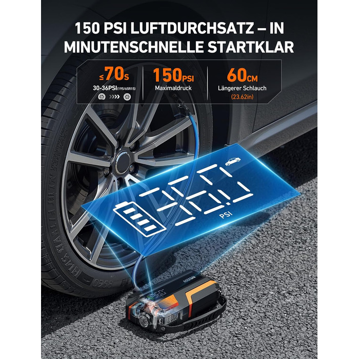 Powerbank AstroAI MF16 6000A з компресором 150PSI: старт для авто, мото, SUV (12V, 10L бензин/8L дизель), LED-дисплей, помаранчевий