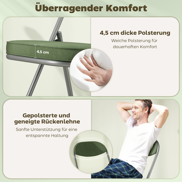 Набір з 4-х м'яких розкладних стільців, складні стільці з велюровою оббивкою, спинка, металевий каркас, зелені