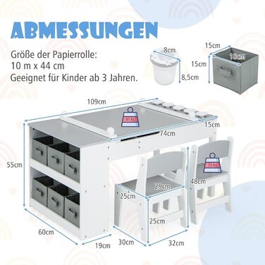 Дитячий стіл DREAMADE 3-в-1 з 2 стільцями, відкидною стільницею, місцем для зберігання та рулоном паперу (сірий)