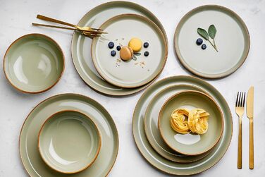 Дочки і сини Обідній сервіз Noah на 6 персон, набір посуду з кераміки з 18 предметів зеленого кольору, столовий сервіз у скандинавському стилі для ідеально накритого столу