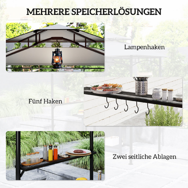 Газонний павільйон для барбекю 242x149x248 см, водовідштовхувальний, вогнестійкий, сірого кольору. Оснащений двошатровим дахом.