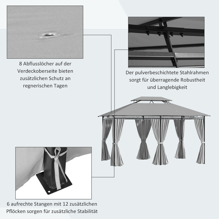 Садова альтанка Outsunny Gazebo 3x4 м з 6 бічними панелями, намет для вечірок, шатро з подвійним дахом, водонепроникний, темно-сірий для саду та заходів