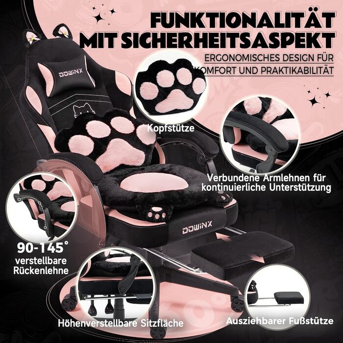Ігровий крісло Dowinx з підніжкою, комфортний ігровий сідло для ПК, рожево-білий/чорний, для дорослих