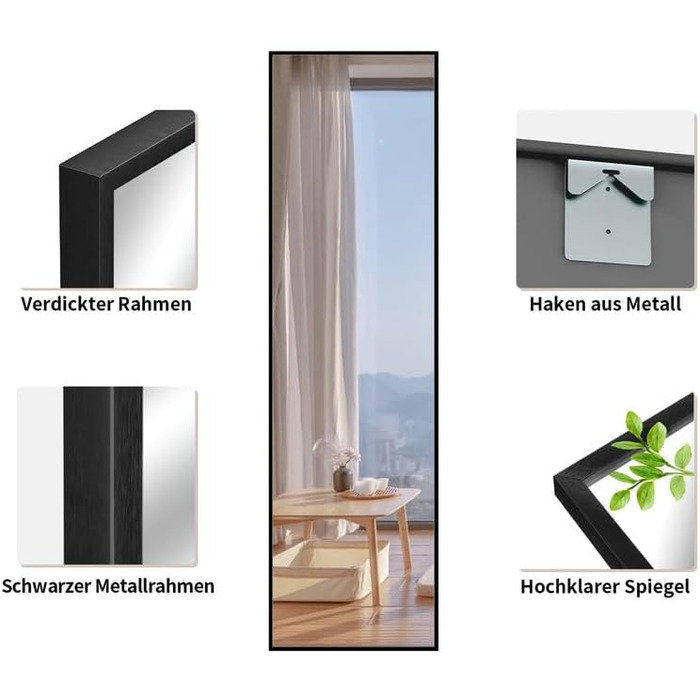 Дзеркало настінне Spiegel Schwarz 40x160 см з чорною рамою. Повнорозмірне дзеркало для спальні, вітальні або ванної кімнати. Прямокутне дзеркало з алюмінієвою рамою 40L x 160B cm