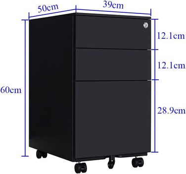 Шафа для документів, офісна шафа з 3 висувними ящиками, коліщатками, анти-перекидання, 50x39x60 см (Чорний)