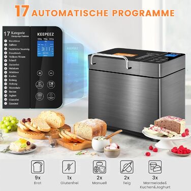 Професійний хлібопекарський автомат з нержавіючої сталі з керамічною формою, сенсорним екраном та двома датчиками температури, 17 програм, дозатор горіхів, 710W, 1 кг, таймер