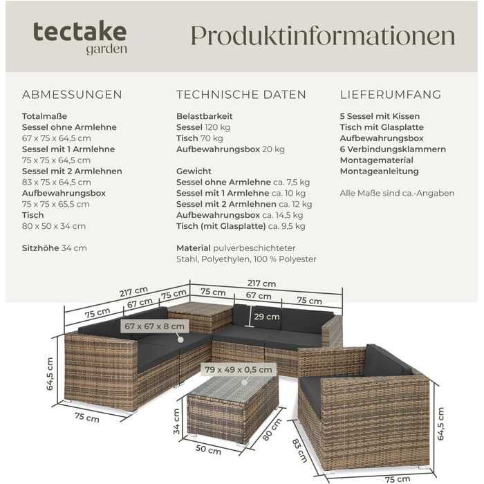 Набір садово-розсувний меблів tectake з коробкою для зберігання подушок, стіл зі скляною стільницею, ротанговий лаунж для саду та балкону | 403725