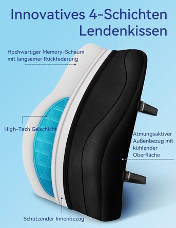 Подушка для спини Ergonomisches RückenKissen Travel Ease з гелевою піною Memory Foam, для офісного крісла, з антистатичним, приємним до шкіри чохлом, для комфортної посадки (Чорний)