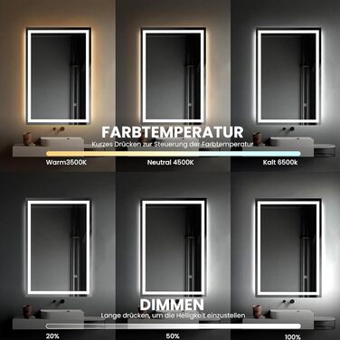 Дзеркало для ванної кімнати зі світлодіодним підсвічуванням 50x70 см, з сенсорним вимикачем, срібне