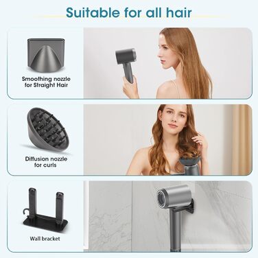 Професійний фен для волосся з безщітковим двигуном 110 000 об/хв, іонізацією (200 млн негативних іонів), 4 температурних та 2 швидкісних режимах, з дифузором та концентратором