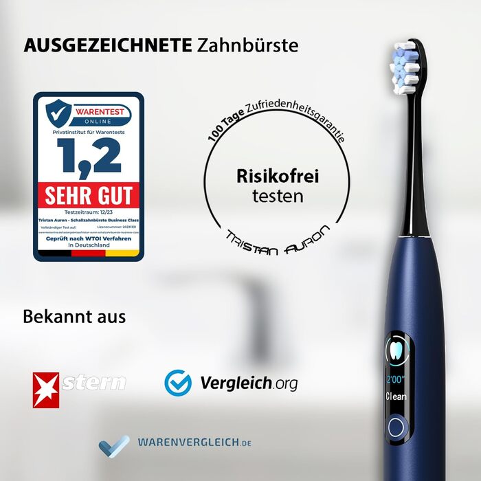 Електрична звукова зубна щітка Tristan Auron SmartOne Blue – 48 000 вібрацій, 5 режимів, кольоровий дисплей, USB-C, акумулятор до 6-8 тижнів, IPX7 водонепроникність, 6 насадок з чохлом (C з набором 4 шт.)