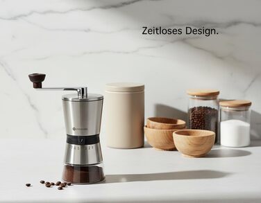 Ручна кавомолка з 8 ступенів помелу – кавомолка з нержавіючої сталі з керамічним жорном для еспресо, фільтра та френч-прес – велика ручна кавомолка для дому та офісу, срібна, кераміка