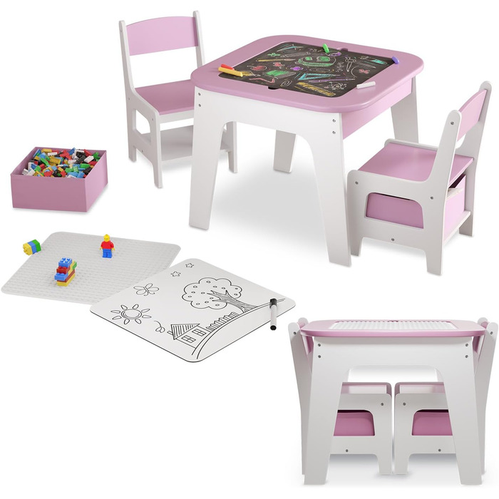 Дитяча стільниця Juskys Milou - комплект з 2 стільців та столу - дерев'яний дитячий столик з місцем для зберігання, стільниця для малювання (рожева)
