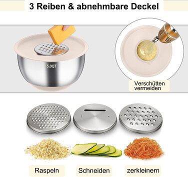 Набір мисок для перемішування (6 шт.) з нержавіючої сталі, набір салатниць з кришкою та силіконовим дном, 3 насадки-тертки, об'єм 4.7л/3.8л/2.8л/1.9л/1.4л/0.6л, неслизькі та стіксові - Хакі