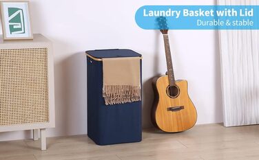 Кошик для білизни з кришкою Efluky, 100 л, блакитний, XL, з бамбуковими ручками та внутрішніми кишенями для сортування