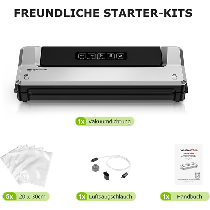 Вакууматор Bonsenkitchen для су-від (Sous Vide) та зберігання продуктів, вакуумний пакувальник з 5 пакетами в комплекті, сріблястий