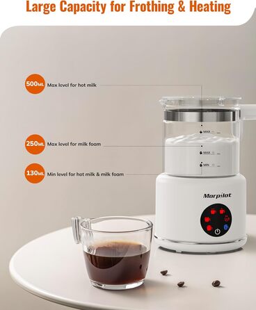 Електричний спінювач молока Morpilot 6-в-1: для капучіно, лате, гарячого шоколаду, 130-500мл, 600W, скляний, для миття в посудомийній машині