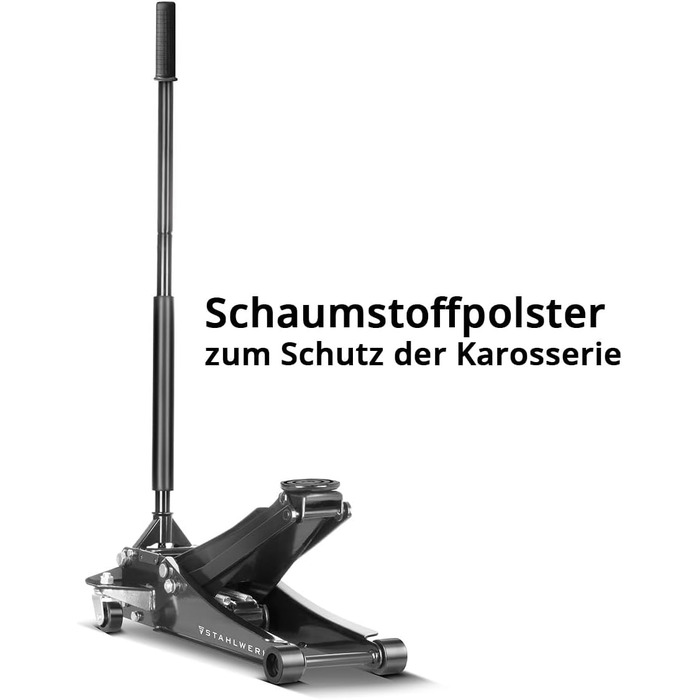 Гідравлічний домкрат Stahlwerk 3т низькопрофільний (73-500 мм) з гумованими колесами, подвійним поршнем, чорний