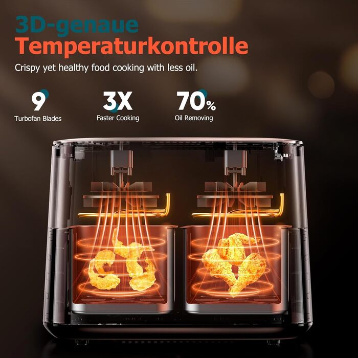 Фритюрниця повітряна Dual Zone 9л з подвійними зонами та вікном, 9-в-1, сенсорний дисплей, таймер, без олії, XL