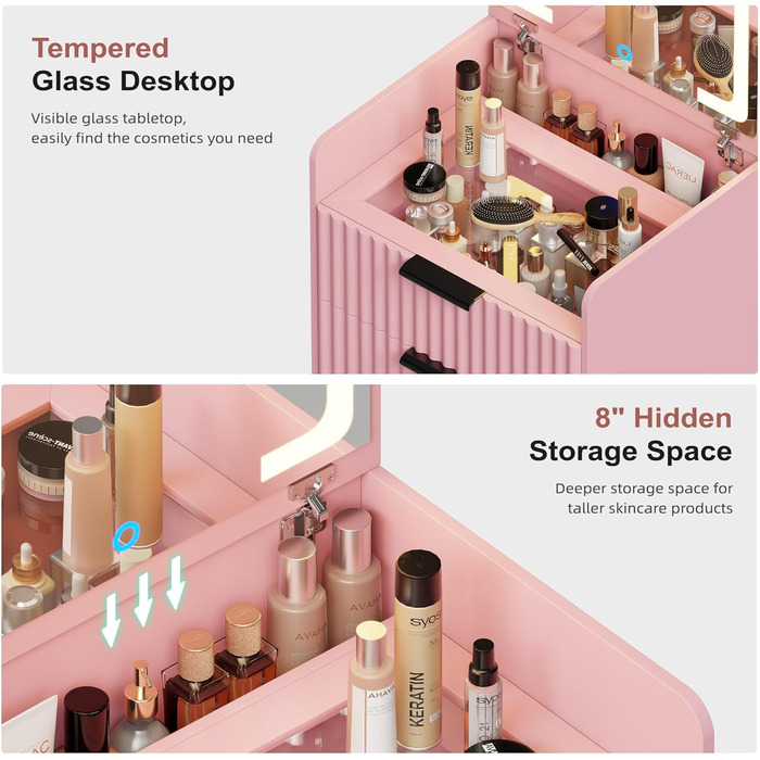 Трюмо Lvifur з LED-дзеркалом та 3 шухлядами, кутовий, для спальні, квартири, гуртожитку, білий (рожевий)