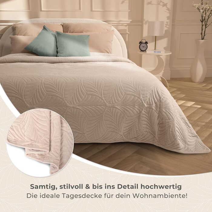 Преміум ковдра-плед Gräfenstayn 170x210 см з листяним дизайном – велюрова, м'яка, не мнеться, легка у догляді – для ліжка та дивана (бежевий)