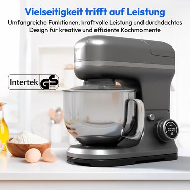 Кухонна машина MEDION MD18430: 3 в 1 (міксер, м'ясорубка, тістоміс), 5 л чаша з нержавіючої сталі, 1200 Вт, подрібнювач, нарізач, цифрова панель керування, з чашею для льоду та м'ясорубкою, з титановим ножем