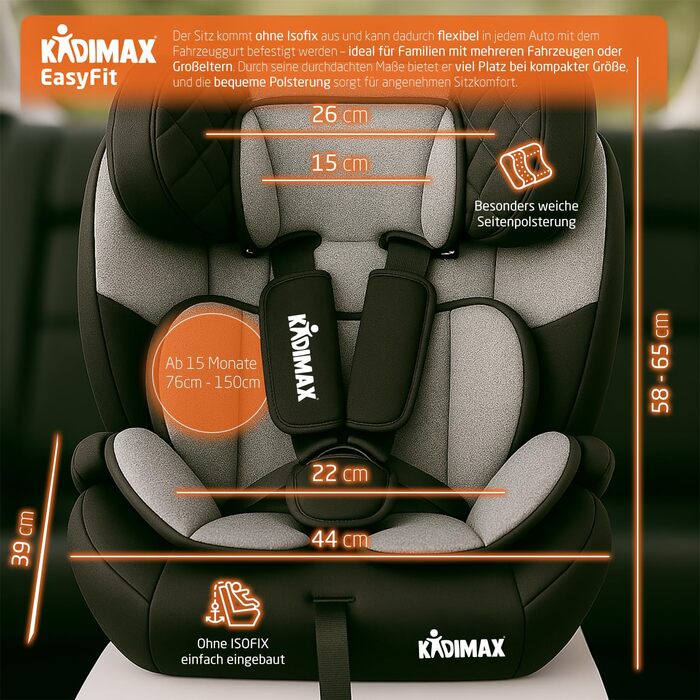 Автокрісло i-Size 9-36 кг, 15 місяців - 12 років, ECE R129/03, Група 1/2/3, регульована підголовник, сіре