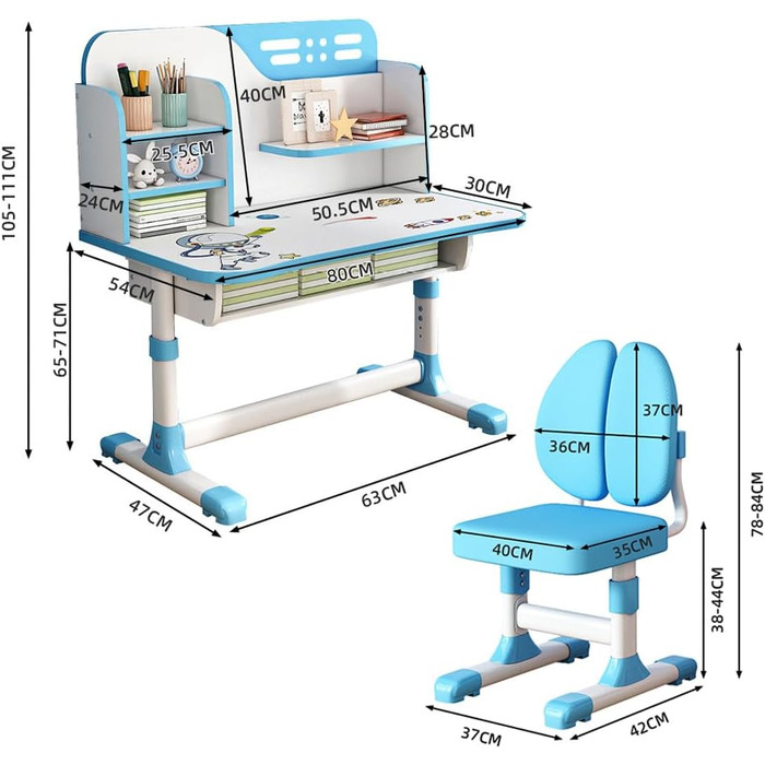 Дитячий письмовий стіл і набір стільців з регулюванням висоти, захист від короткозорості, мультяшний візерунок (космічний синій)