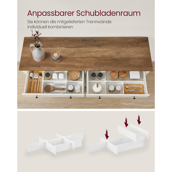 Шафа VASAGLE для кухні, комод з шухлядами, шафа для зберігання з дверцятами, регульована полиця, стиль кантрі, для вітальні, кухні, їдальні, 40 x 140 x 80 см, вінтажний білий + медовий колір BBK381W02