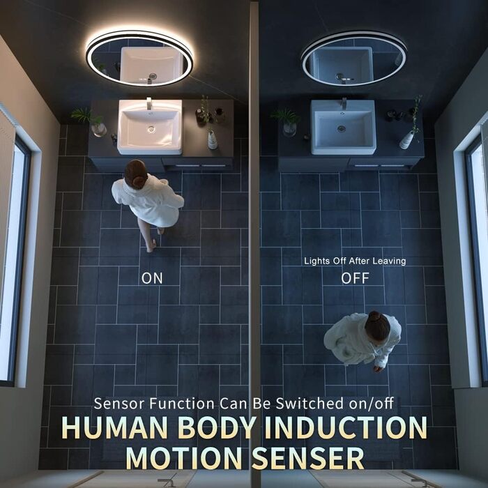 Дзеркало з LED сенсором, кругле, з індукційним датчиком руху, для макіяжу, з підсвічуванням, регульоване освітлення, антизапарник, водонепроникне (IP44), для ванної кімнати, настінне, діаметр 70 см