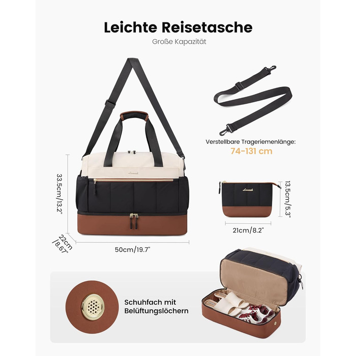 Сумка-валіза LOVEVOOK для жінок, легка дорожня сумка-шопер, дорожня сумка-мішок для авіаперельотів, водонепроникна сумка для клініки, пологового будинку, спортивна сумка з відділенням для взуття, (Бежевий+чорний+коричневий, L-37L)