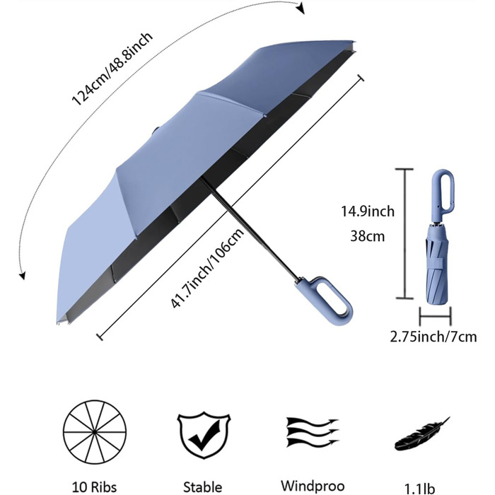 Парасолька велика, 10 ребер, штормонепроникна, автоматична, захист від ультрафіолету, складна, ручка карабіна, синя, 106см