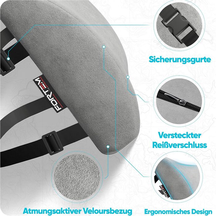 Пояснична подушка-підтримка FORTEM для авто, офісного та ігрового крісла, з ефектом пам'яті (Memory Foam), дихаючий чохол, сірий велюр