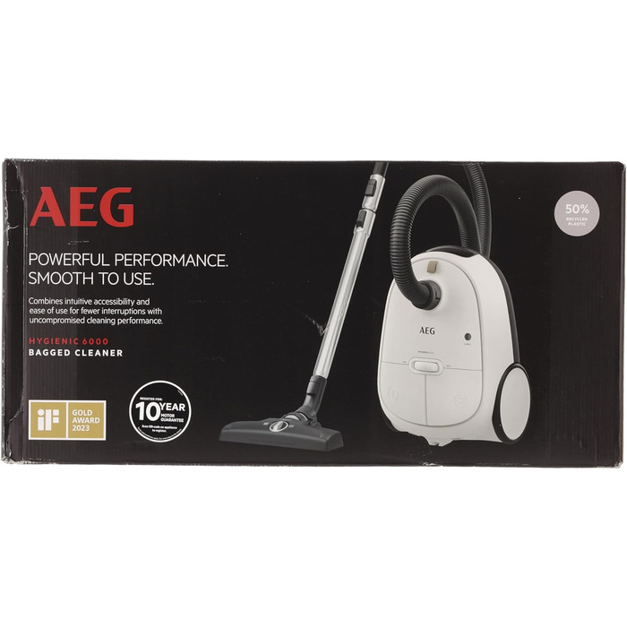 Пилосос AEG CLEAN 6000 AB61C1OKO ECO / Високе всмоктування / Додаткові насадки / Колеса XL / Телескопічна трубка з нержавіючої сталі / 65 переробленого матеріалу / Кабель 12 м / 750 Вт / Аксесуари / Сірий (Білий матовий)