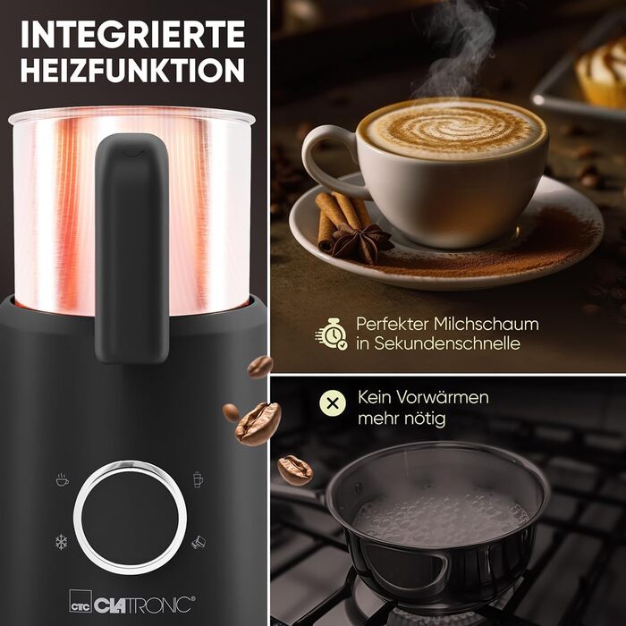 Електричний пінозбивач Clatronic MS 3812 | з підігрівом | для теплих та холодних напоїв | 740 мл | Чорний-inox | Модель 2024