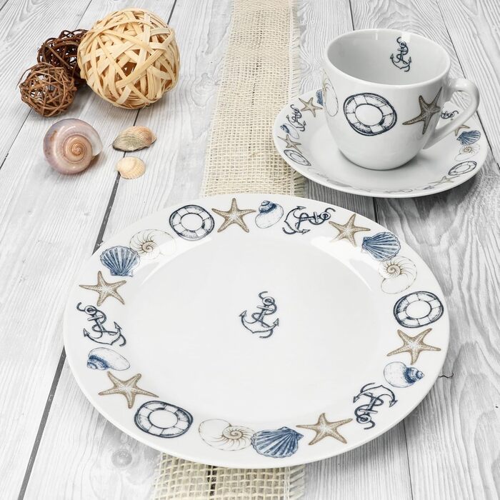 MamboCat Neptun - 18-ти елементний кавовий сервіз для 6 осіб з порцеляни з морськими мотивами (якір, мушля)